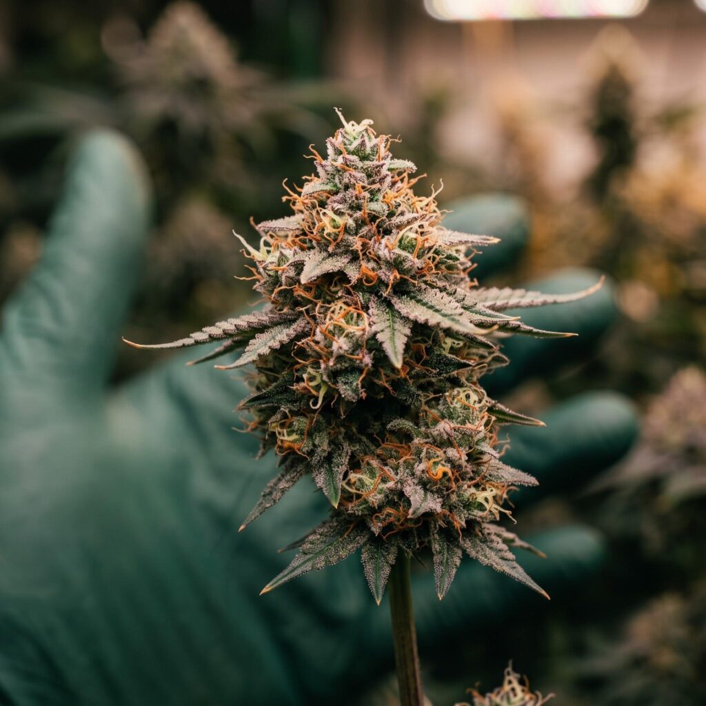a single dense cannabis flower still attached to the living plant, deep in the flowering stage