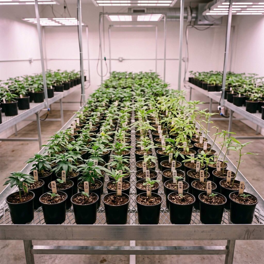 Dozens of young cannabis seedlings of clearly varying height, leaf structure, and coloring sit in individual black nursery pots arranged in neat rows on a raised metal grow table, each pot marked with a small handwritten numbered plant tag or wooden stake. Overhead LED grow lights cast a warm, faintly pink-purple glow across the room.